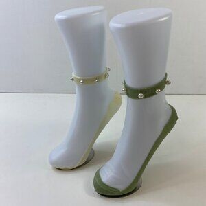 Set 2 Womens Sheer Mesh Ankle Socks Pearl Beaded Trim Green Yellow